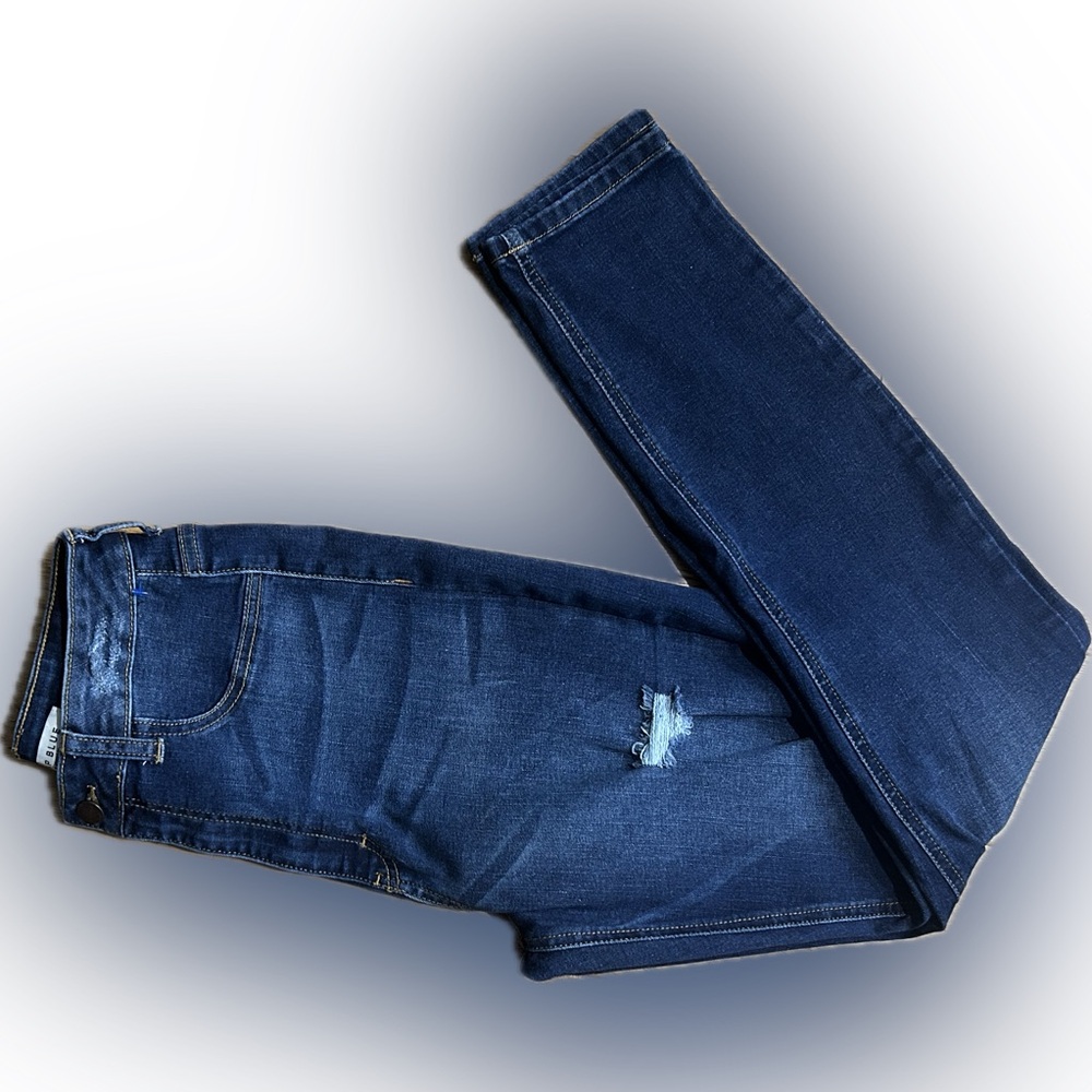 EUC A P Blue by Aphrodite SZ 13 distressed high rise skinny jeans/waist 26”-42”